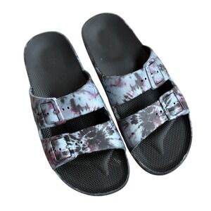 Freedom Moses Tie Dye Two Strap Slides Sandals Grey Black Pink Size 36/37